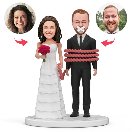 Personalised Groom and Bride 'Shutting Up' bobblehead — handcrafted polymer clay wedding keepsake with engraved base and customised heads, perfect personalised wedding gift for couples in Australia and the UK