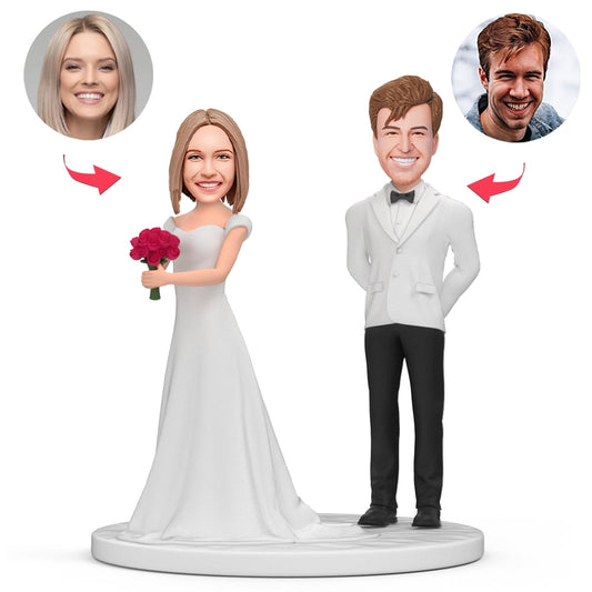 Personalised couples bobblehead in ‘Taking Over The Bouquet’ pose – handcrafted polymer clay figurine with customised heads and engraved base