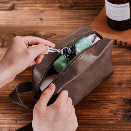 Smooth zipper and neat stitching on personalised PU leather wash bag — durable travel toiletry pouch for everyday use and trips.