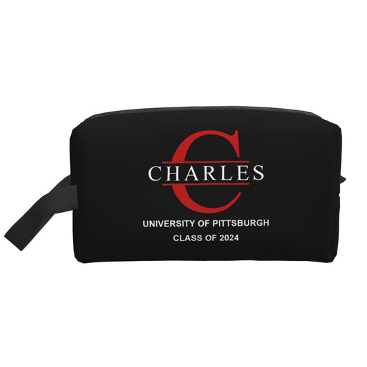 Front view of personalised toiletry bag with neat engraved-style custom text and initials — perfect student wash bag