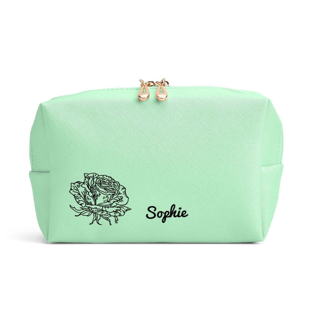 Scale comparison of Personalised Birth Flower leather make-up bag beside everyday items to show 18×11 cm size and true large capacity