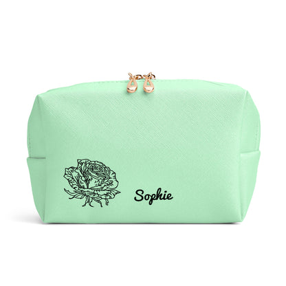 Scale comparison of Personalised Birth Flower leather make-up bag beside everyday items to show 18×11 cm size and true large capacity