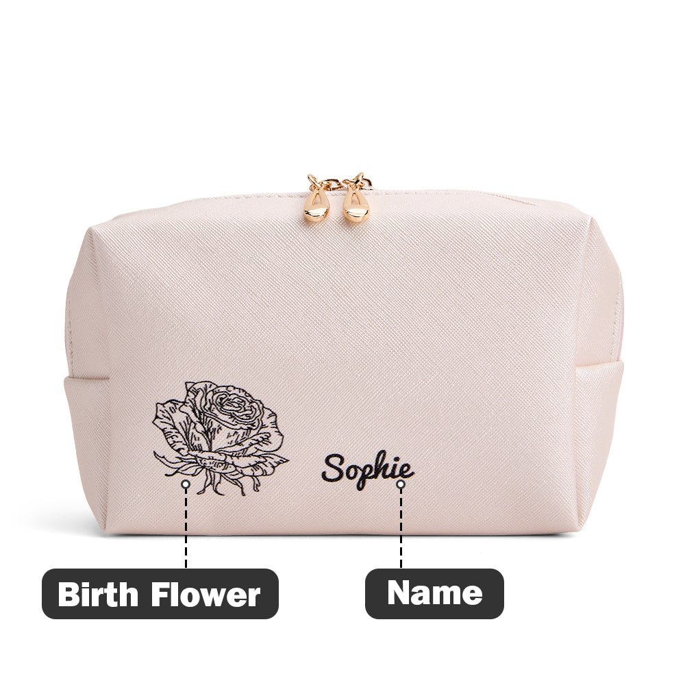 Front view of Personalised Birth Flower leather make-up bag showing printed birth flower and custom text — large-capacity cosmetic pouch, ideal gift for her