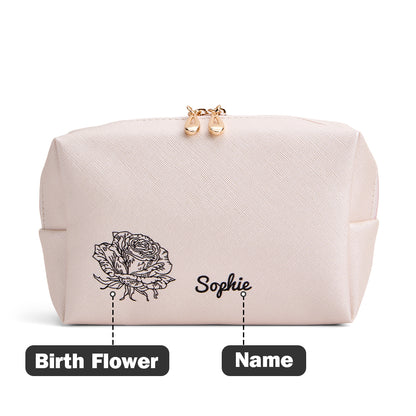 Front view of Personalised Birth Flower leather make-up bag showing printed birth flower and custom text — large-capacity cosmetic pouch, ideal gift for her