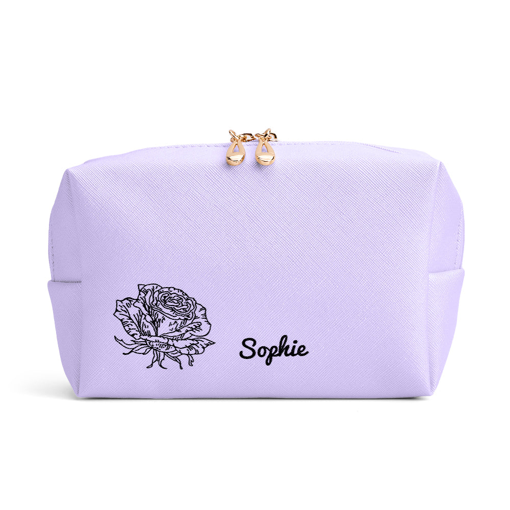 Gift-ready presentation of personalised leather make-up bag in elegant packaging — perfect personalised gift for her on birthdays or special occasions