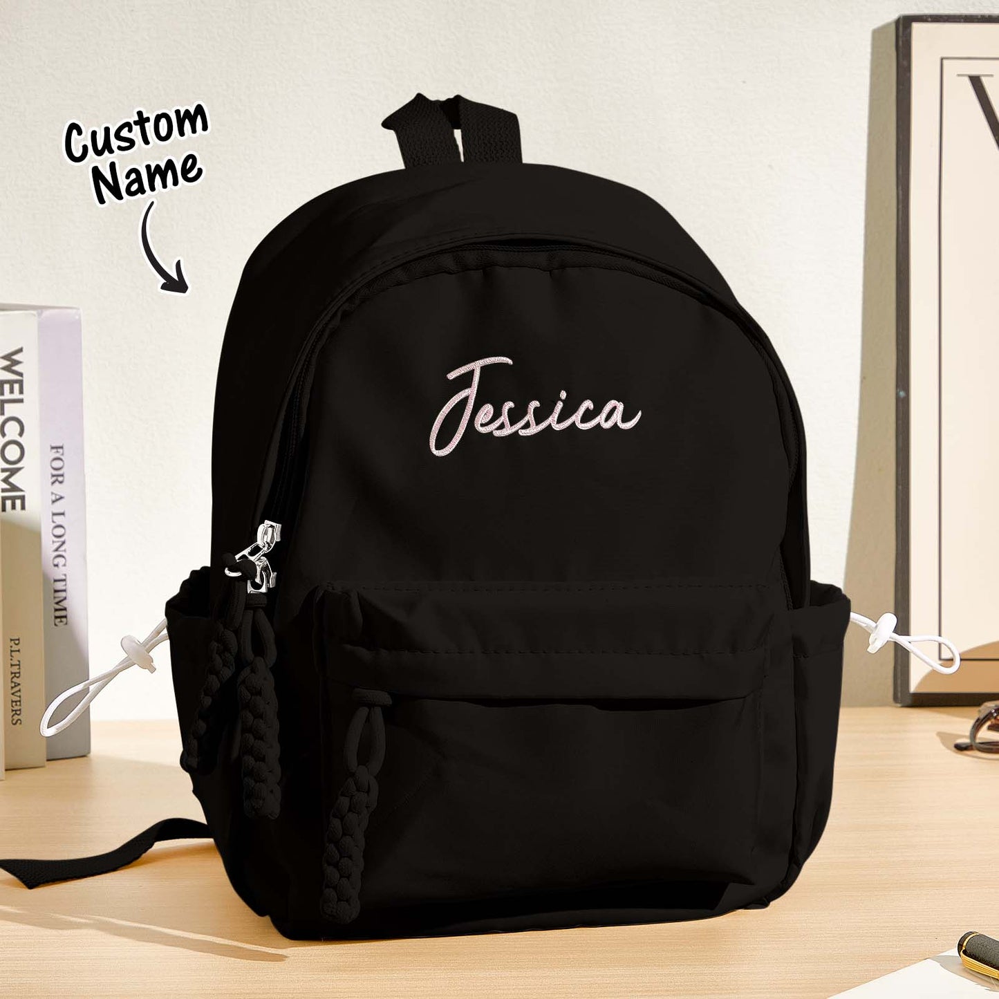 Rear view displaying padded adjustable straps and top carry handle on personalised embroidered kids backpack for comfortable wear