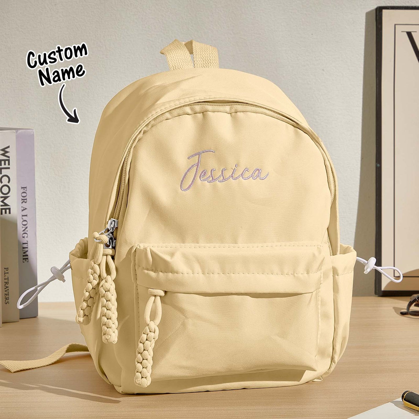 Personalised embroidered kids backpack with name on front – pink nylon school bag, ideal back-to-school gift for girls