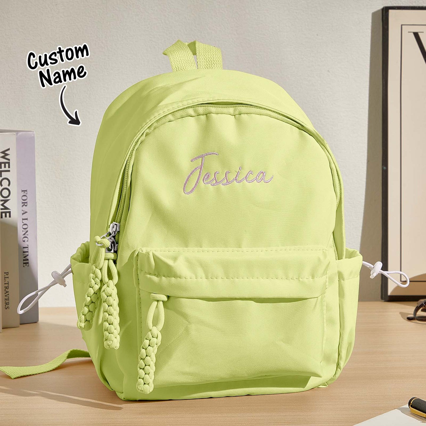 Lifestyle shot of a young girl wearing a personalised embroidered backpack – charming back-to-school gift for daughter