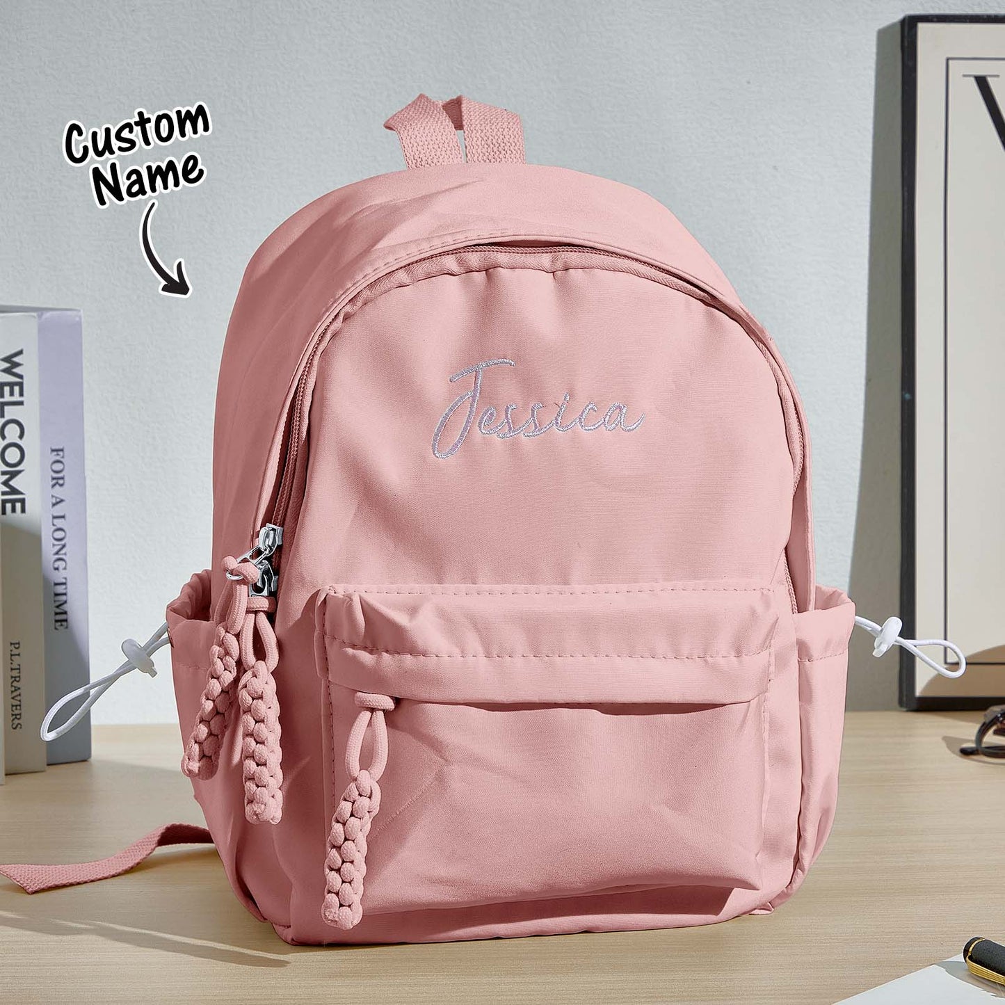 Detail close-up of sturdy zip and wipe-clean nylon fabric on personalised kids backpack for easy maintenance