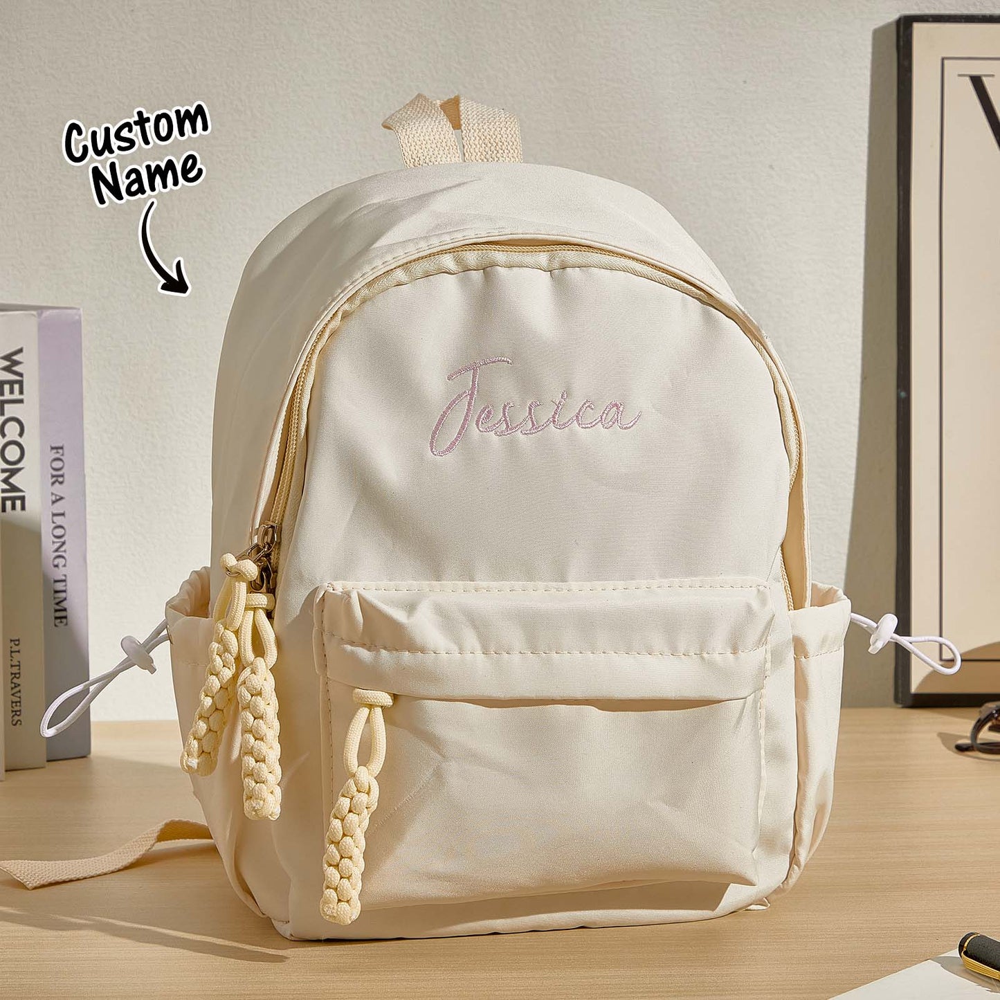 Size and scale view of personalised backpack showing dimensions 22cm x 31cm x 12cm – compact for nursery and primary children