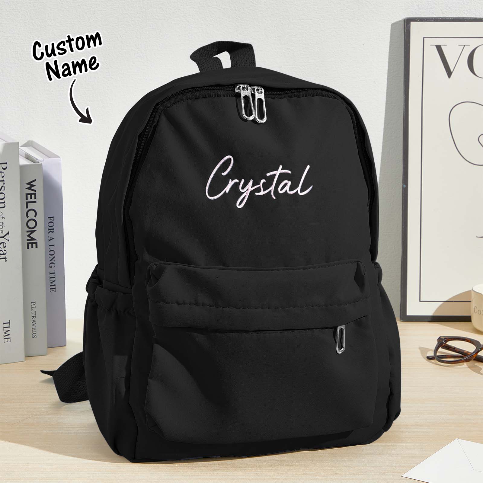 Close up of personalised name embroidery on durable canvas backpack highlighting stitch detail, custom name kids school bag