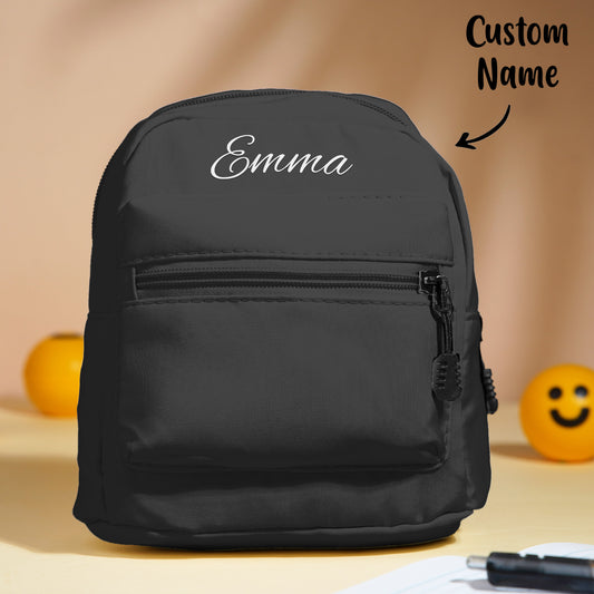 Personalised mini backpack front view with embroidered name — small polyester school bag for kids, perfect back-to-school gift