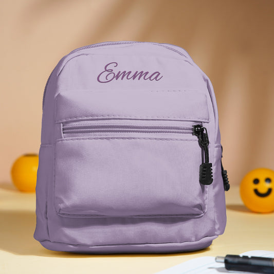 Personalised mini backpack front view with embroidered name — small polyester school bag for kids, perfect back-to-school gift