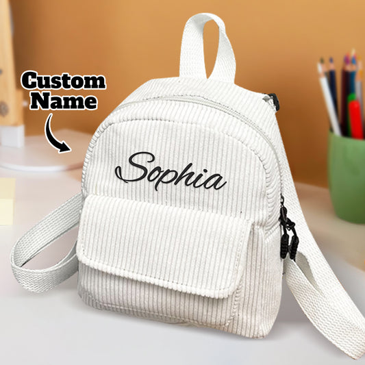 Personalised mini corduroy backpack with embroidered name on front – children's school bag