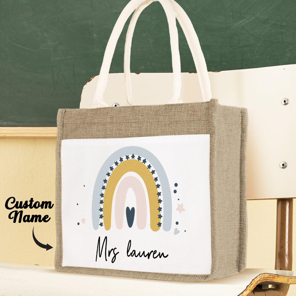 Front view of personalised teacher bag – large jute-style polyester sackcloth tote with custom name, ideal teacher gift