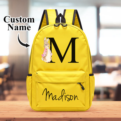 Back view of personalised rabbit backpack showing padded adjustable shoulder straps and sturdy top carry handle for comfortable wear