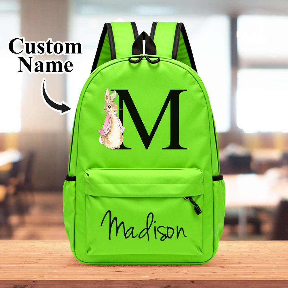 Detail of adjustable strap and name tag on personalised initial school bag – secure fittings and easy customisation for children’s belongings
