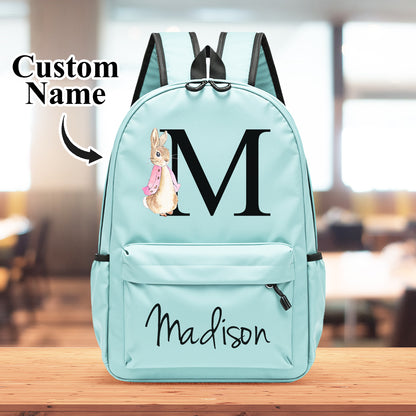 Side pocket detail with water bottle holder on personalised rabbit backpack – practical design for school trips and active children