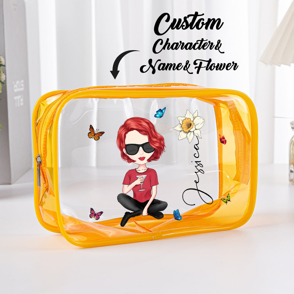 Personalised clear PVC make-up bag with size 17.3 x 12.5 x 6 cm indicated — lightweight, wipe-clean and easy-to-see contents