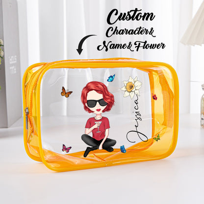 Personalised clear PVC make-up bag with size 17.3 x 12.5 x 6 cm indicated — lightweight, wipe-clean and easy-to-see contents