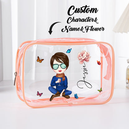 Front and side views of personalised transparent make-up bag — custom birth flower and name, perfect personalised gift for women and teens