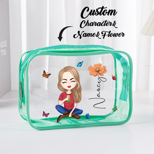 Personalised clear waterproof PVC make-up bag with printed birth flower and name — transparent cosmetic pouch, ideal birthday gift for her