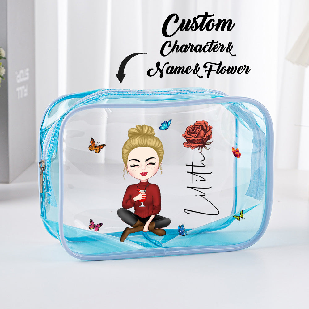 Customisation example for personalised clear make-up bag — add name and birth flower or upload high-resolution image for unique printed design