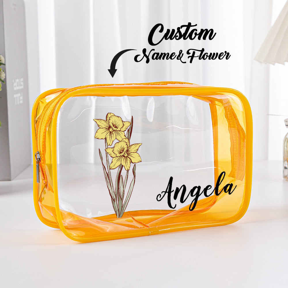 Waterproof clear cosmetic pouch in bathroom setting with toiletries – wipe-clean personalised travel pouch