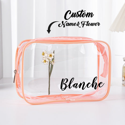 Clear personalised PVC makeup bag featuring birth flower and name – waterproof cosmetic pouch for travel
