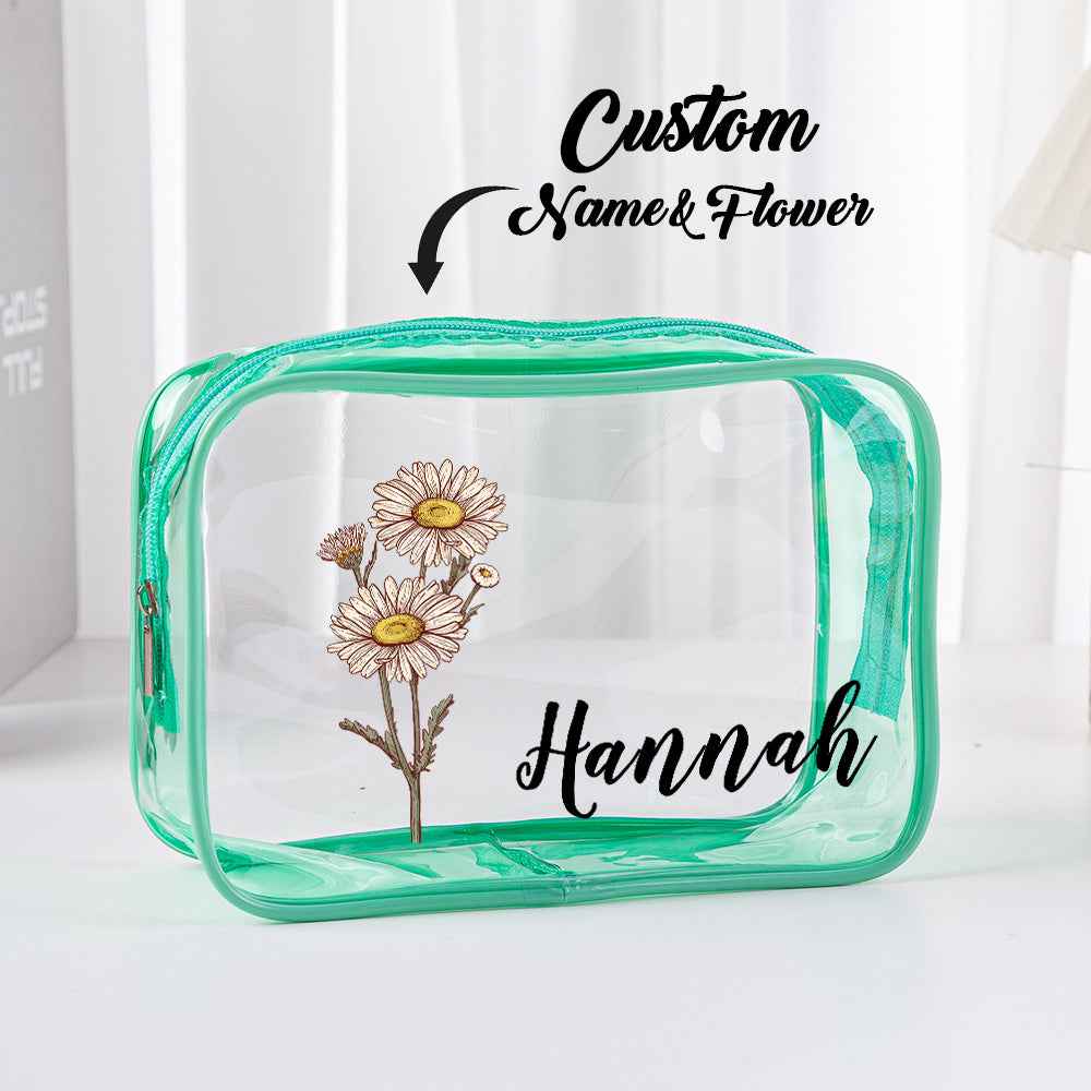 Personalized Birth Flower Clear Makeup Bag Waterproof Cosmetic Bag Wedding Travel Gift for Her