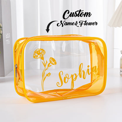 Range of personalised birth flower clear makeup bags with different names and floral designs – thoughtful personalised gifts for her