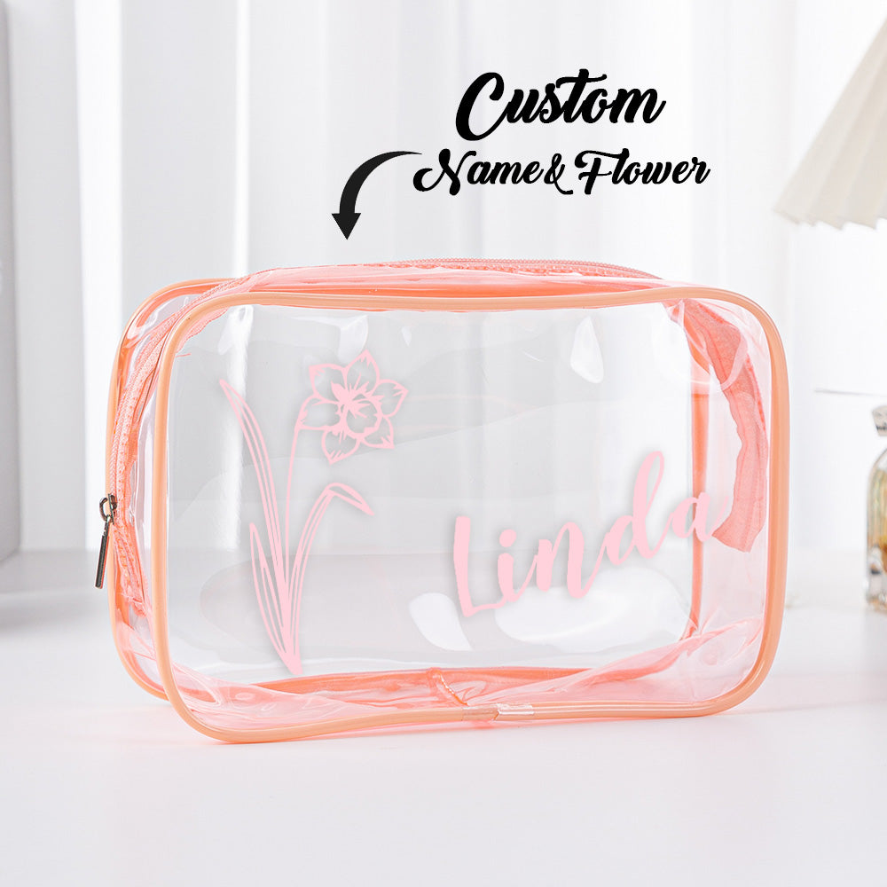 Personalised name cosmetic pouch laid flat on white background – clear waterproof makeup bag ideal for bridesmaids and Mother's Day
