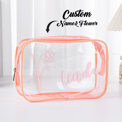 Personalised name cosmetic pouch laid flat on white background – clear waterproof makeup bag ideal for bridesmaids and Mother's Day
