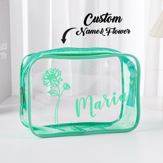 Personalised birth flower clear makeup bag with printed name – waterproof PVC cosmetic pouch, perfect travel gift for her