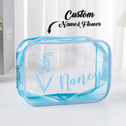 Clear personalised travel makeup bag shown inside a handbag – compact waterproof cosmetic pouch for toiletries and beach days
