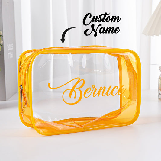 Personalised clear makeup bag – waterproof PVC cosmetic pouch with custom name, transparent travel toiletry organiser