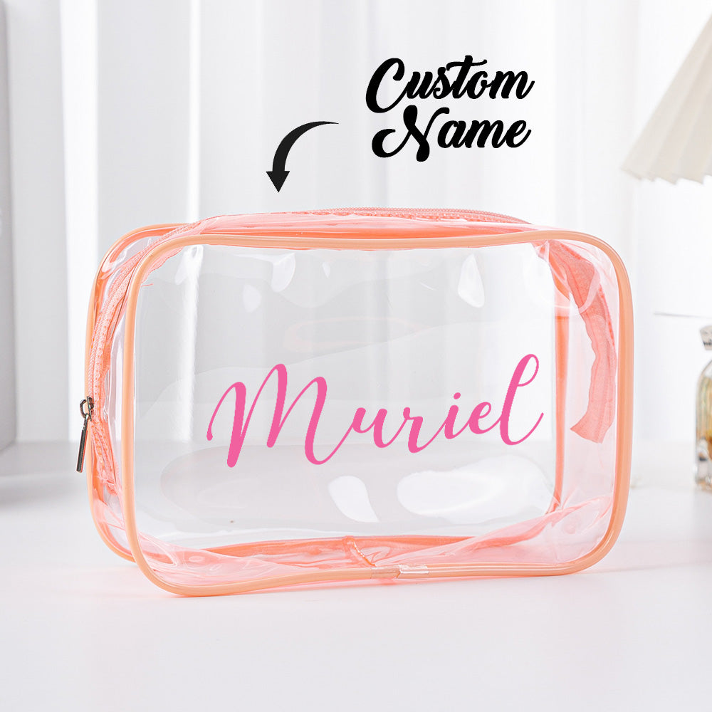 Detail shot of zip and waterproof PVC material on a personalised clear makeup bag – durable cosmetic pouch for toiletries and travel