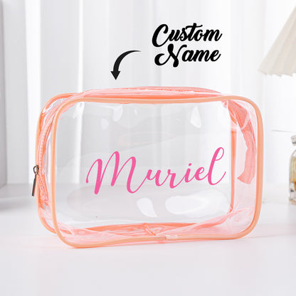 Detail shot of zip and waterproof PVC material on a personalised clear makeup bag – durable cosmetic pouch for toiletries and travel