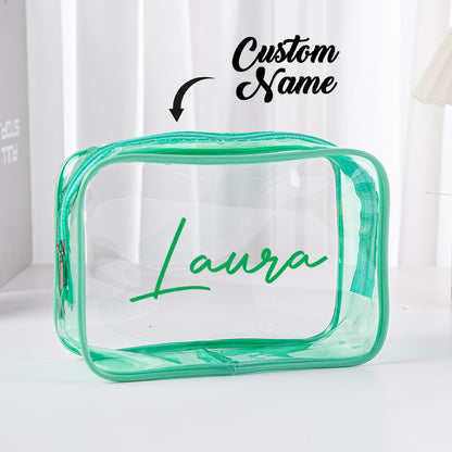Collection of personalised clear makeup bags with custom names – bridesmaid gift set of waterproof PVC cosmetic pouches