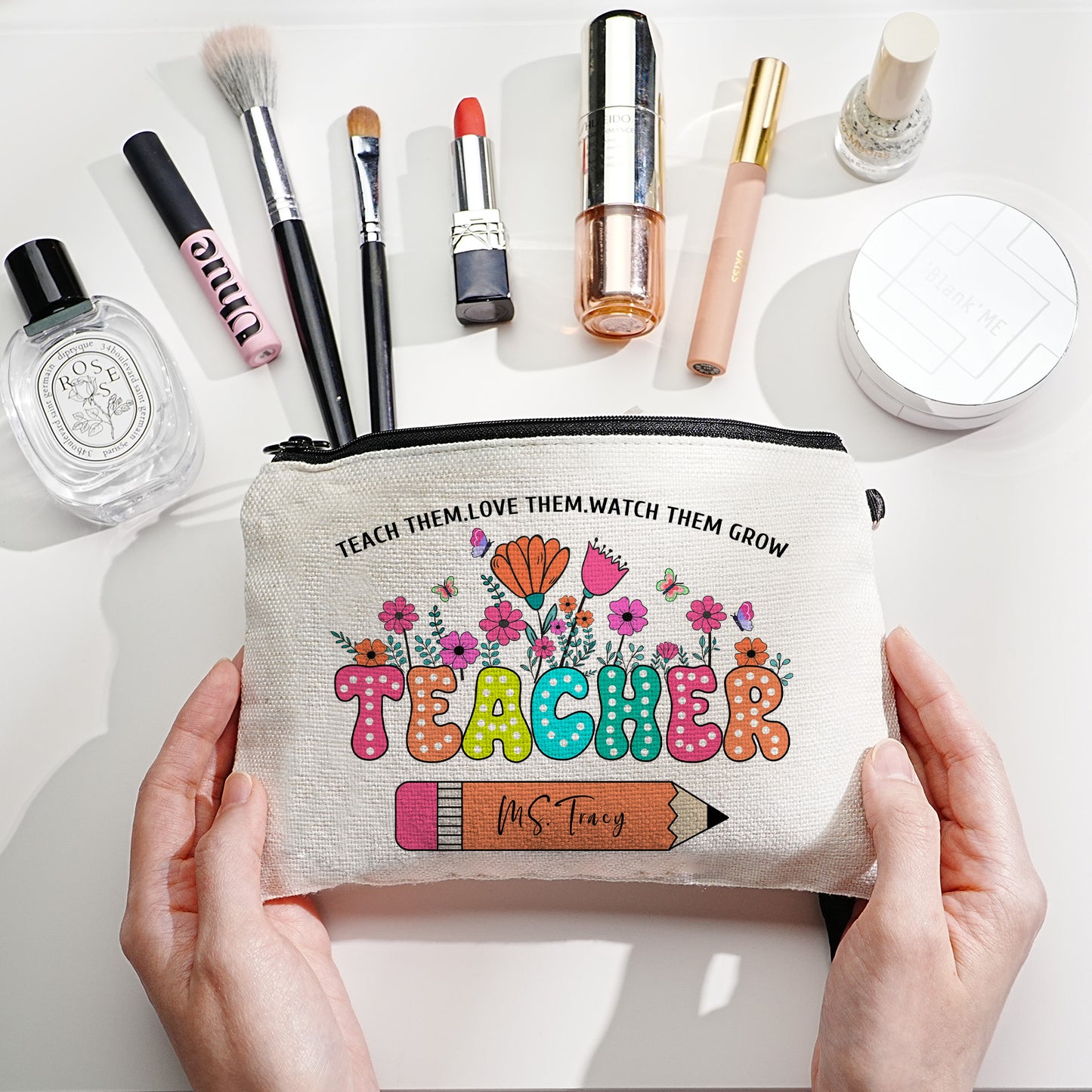 Personalised floral canvas pencil and make-up bag with name – ideal teacher back-to-school gift