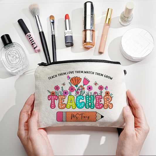 Personalised floral canvas pencil and make-up bag with name – ideal teacher back-to-school gift