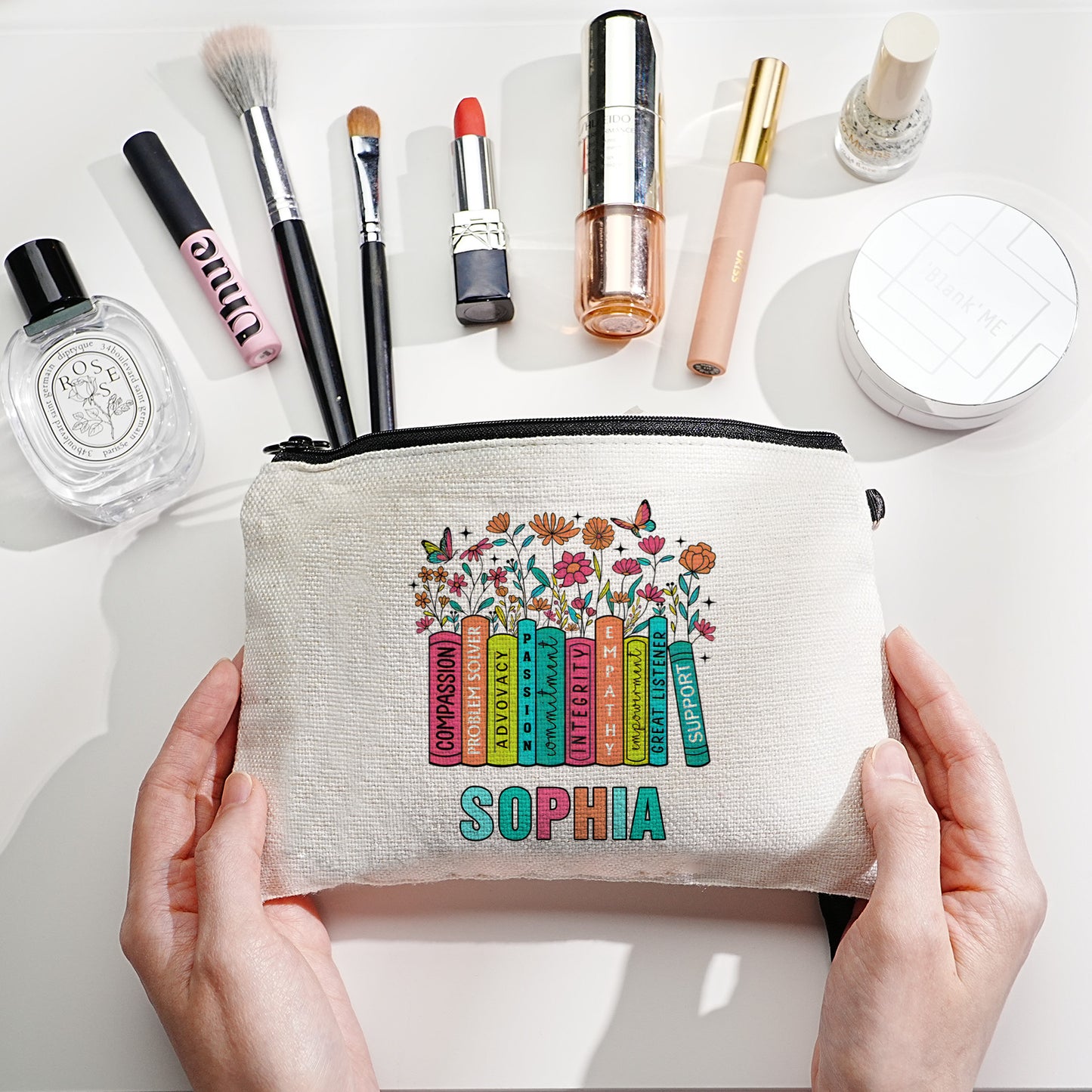 Interior view of personalised canvas pencil case showing roomy compartment for pens and brushes