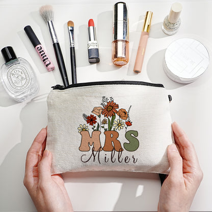 Lifestyle shot of personalised make-up bag in tote, demonstrating easy portability for busy professionals