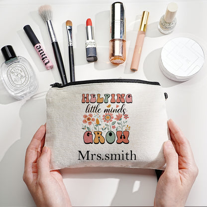 Gift idea: personalised floral pencil and make-up bag presented in a gratitude-themed arrangement