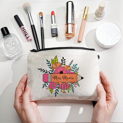 Durable canvas personalised pouch displayed on desk as thoughtful gift for colleagues and mentors