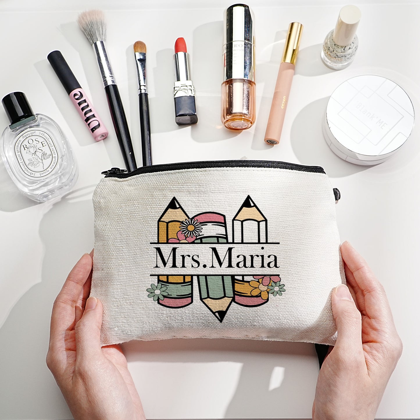 Personalised name pencil case shown open with organised pens, ideal for students and teachers