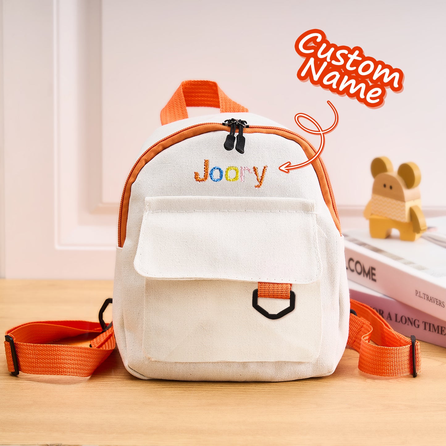 Front view of personalised mini corduroy backpack with embroidered name — soft textured child school bag ideal for preschool and back-to-school gifts.