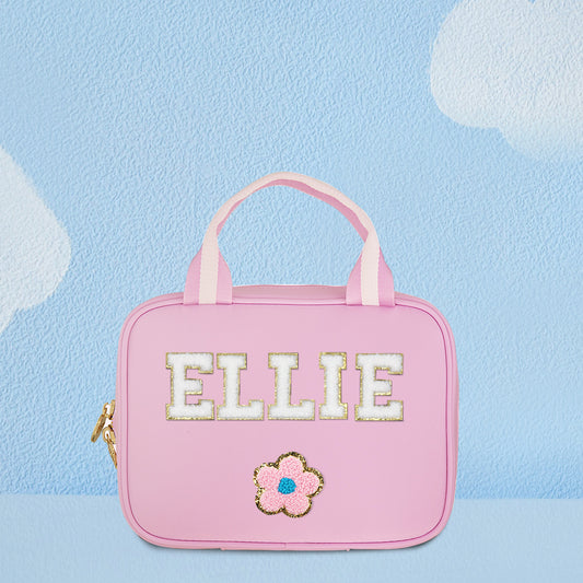Front view of personalised name backpack with matching lunch bag – custom school bag in durable nylon with child’s name