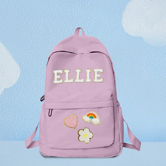 Front view of personalised name backpack with matching lunch bag – custom school bag in durable nylon with child’s name
