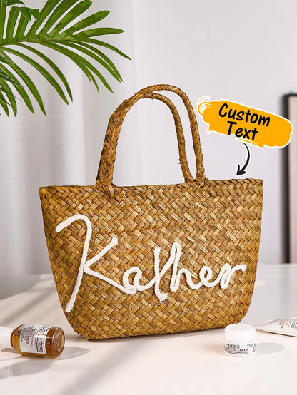 Styled shot of personalised bohemian straw bucket bag with summer outfit ideal gift for her for beach weddings and parties